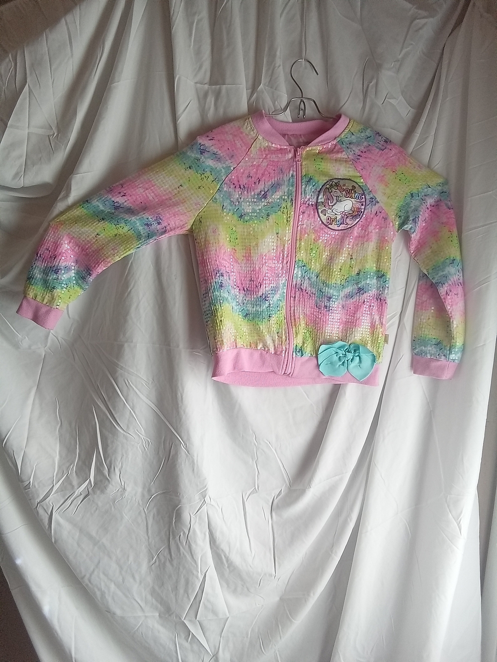 JoJo Siwa Girls Rainbow Sequin Zip Bomber Jacket with Bow 10/12